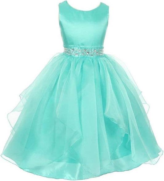 Little Girls Sparkling Stone Waist Organza Party Dress