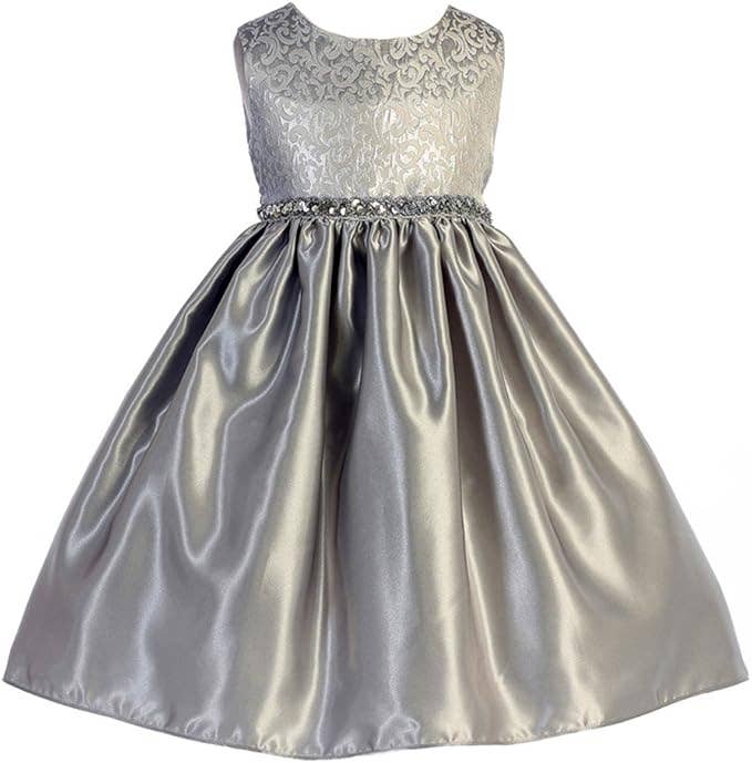 Girls Glitter Scroll Brocade Satin Holiday Party Dress: