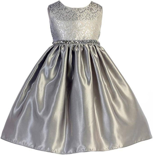Girls Glitter Scroll Brocade Satin Holiday Party Dress: