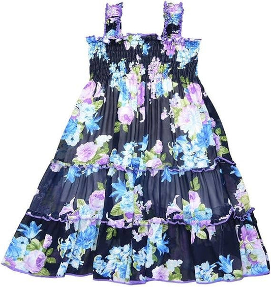 Girls Floral Print Chiffon Shoulder Strap Ruffled Midi-Dress: 3783-15-11 / 7-8T