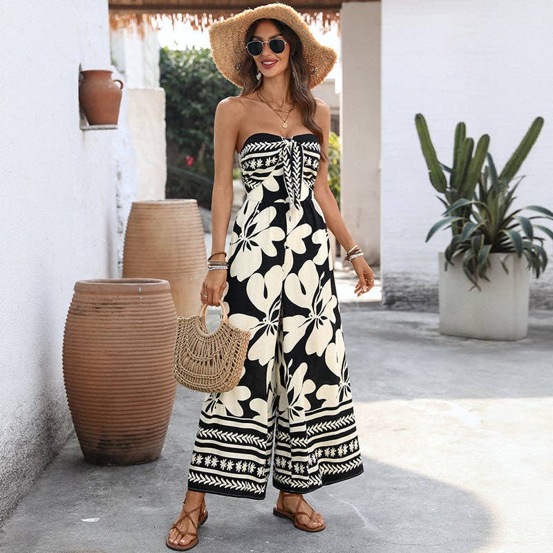 Black Floral Strapless Backless Wide Leg Jumpsuit