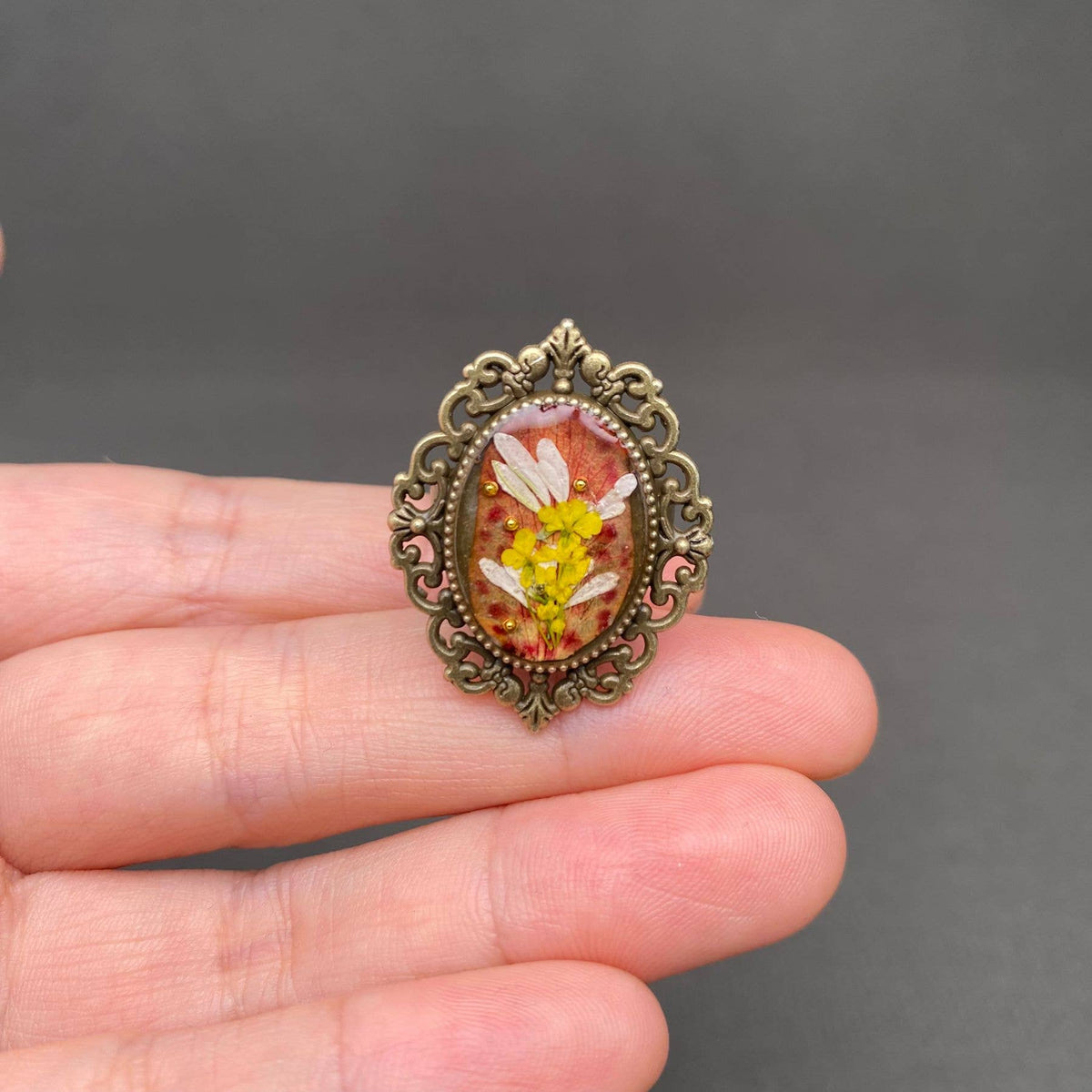 Vintage Dried Flowers Adjustable Ring - PDF