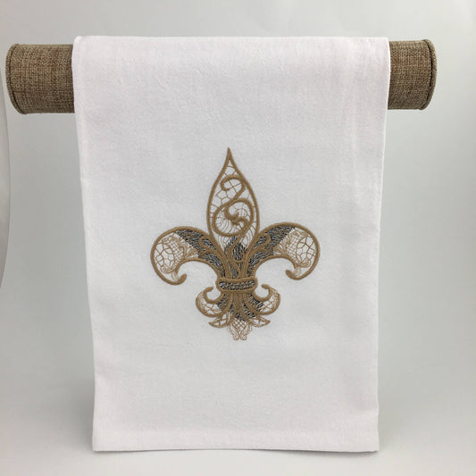 Lace embroidered Fleur de Lis kitchen towel