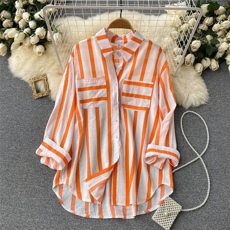 Casual Loose Blouse with Striped Lapel and Contrast Color Detail