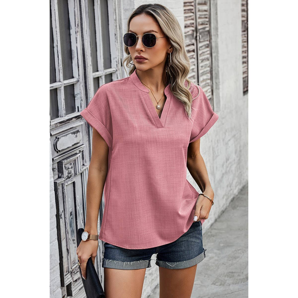 V Neck Solid Short Bat Sleeve Loose Fit Blouse