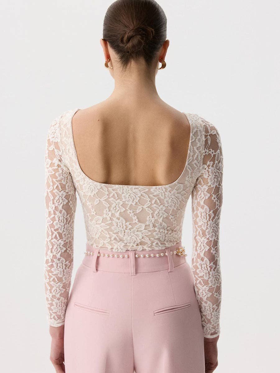 Women’s Sheer Floral Lace Long Sleeve Blouse – Fitted Scoop Neck Top