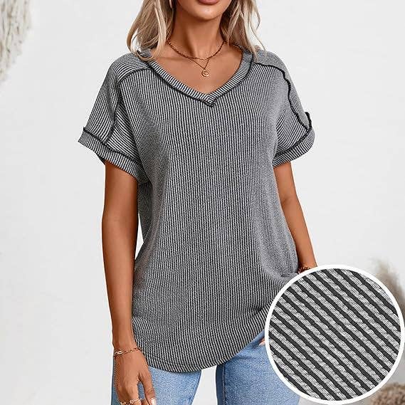Two Tone Ribbed V Neck Short Sleeve Loose Knit Top