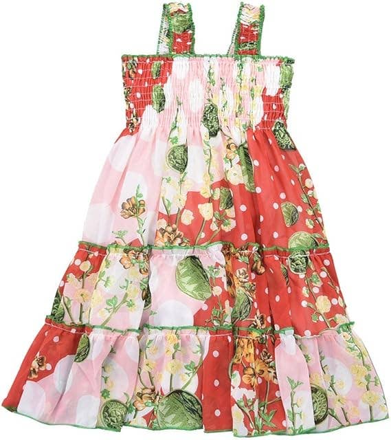 Girls Floral Print Chiffon Shoulder Strap Ruffled Midi-Dress: 3783-15-38 / 6