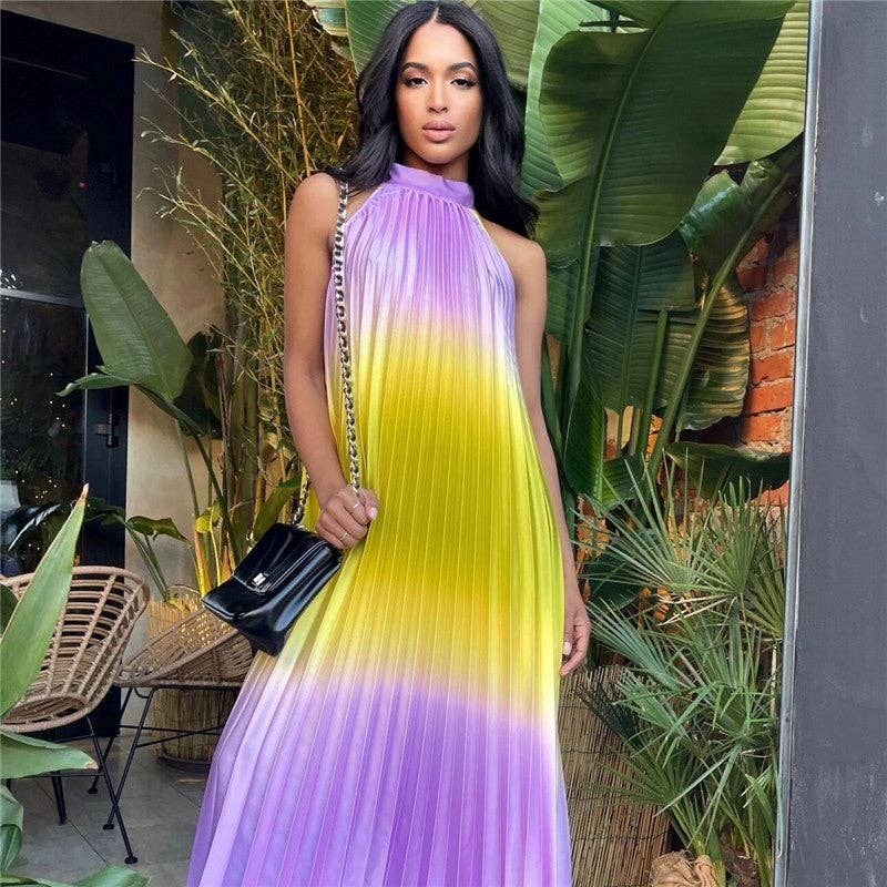 Color Block Pleated Halterneck Sleeveless Casual Dress