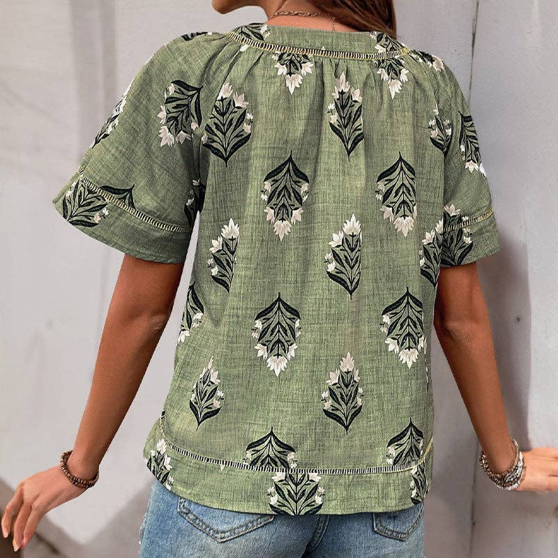 Women's Boho Print V-Neck Short Sleeve Blouse: Green / 100% polyester / XL