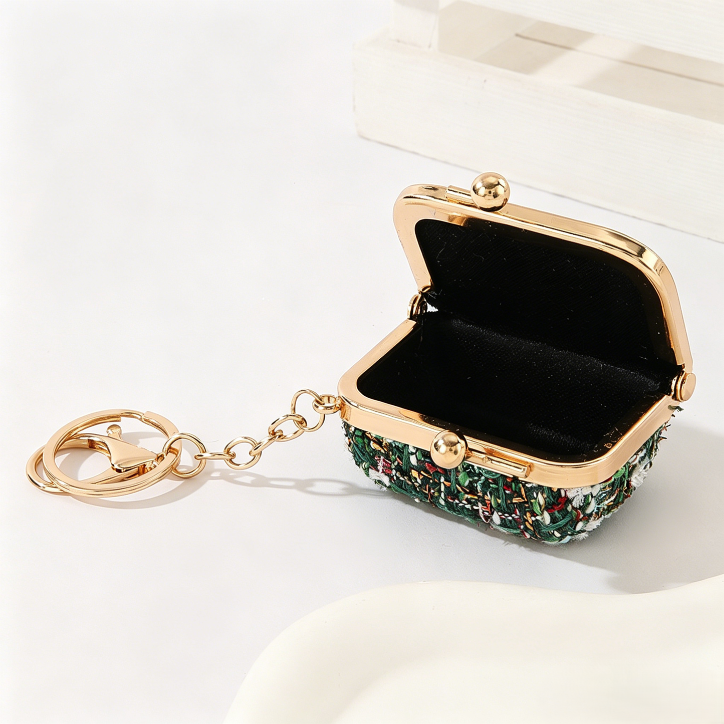 Tweed Kiss Lock Mini Coin Purse Keychain Bag Charm Accessory