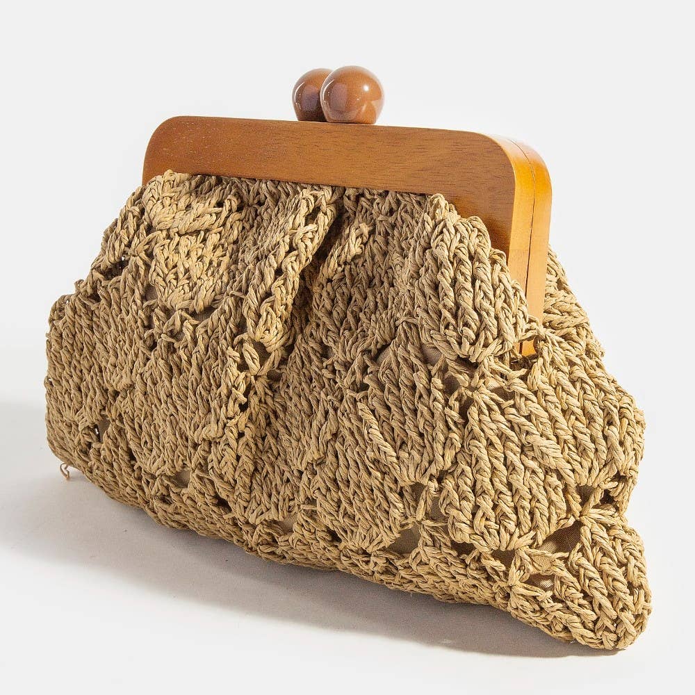 Straw Braided Wooden Frame Clutch Bag