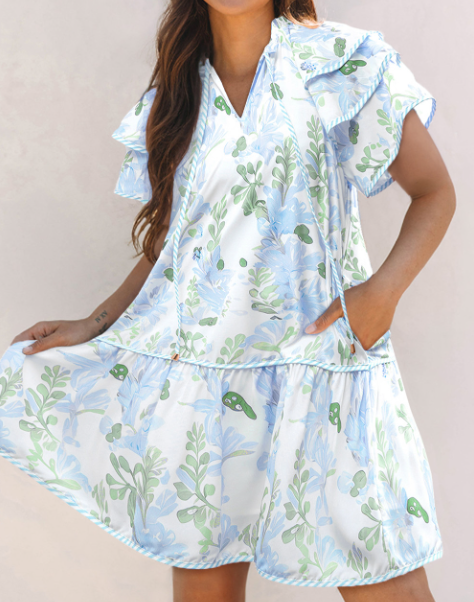 Pink Floral Contrast Edge Layered Short Sleeve Mini Dress: Pink / 100%Polyester