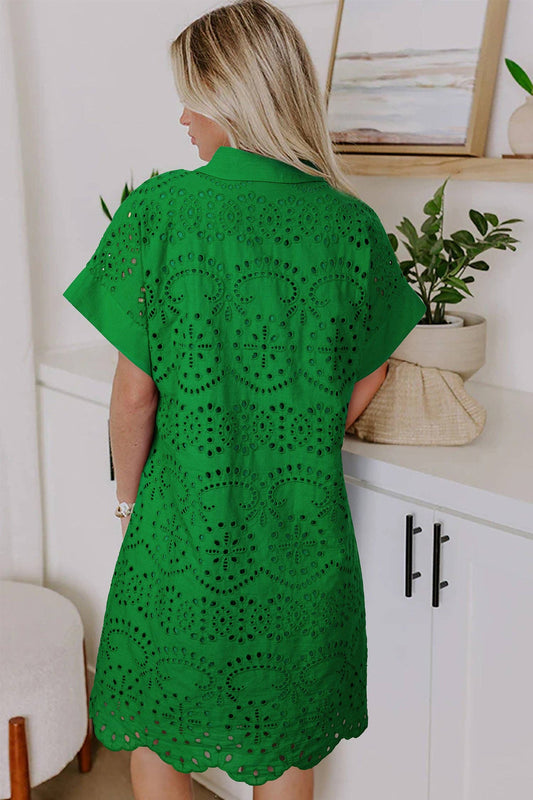 Green Solid Color Eyelet Embroidered T Shirt Mini Dress: Green / 100%Cotton / XL