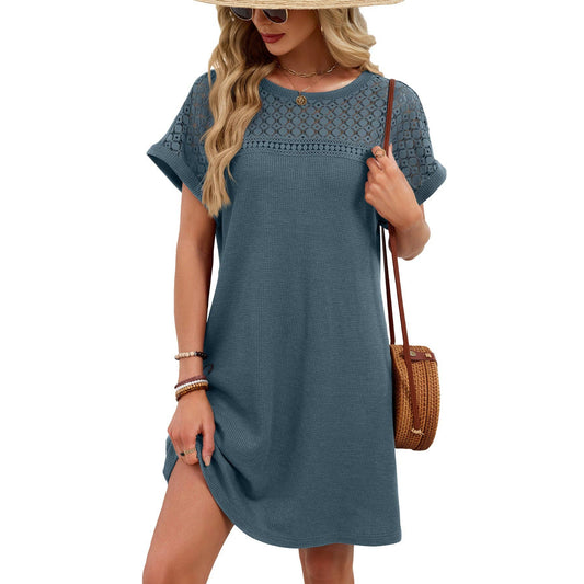 Lace Patchwork Casual Short Sleeve Loose Summer Dress: Blue Gray / 65%Rayon 30%Polyester 5%Spandex