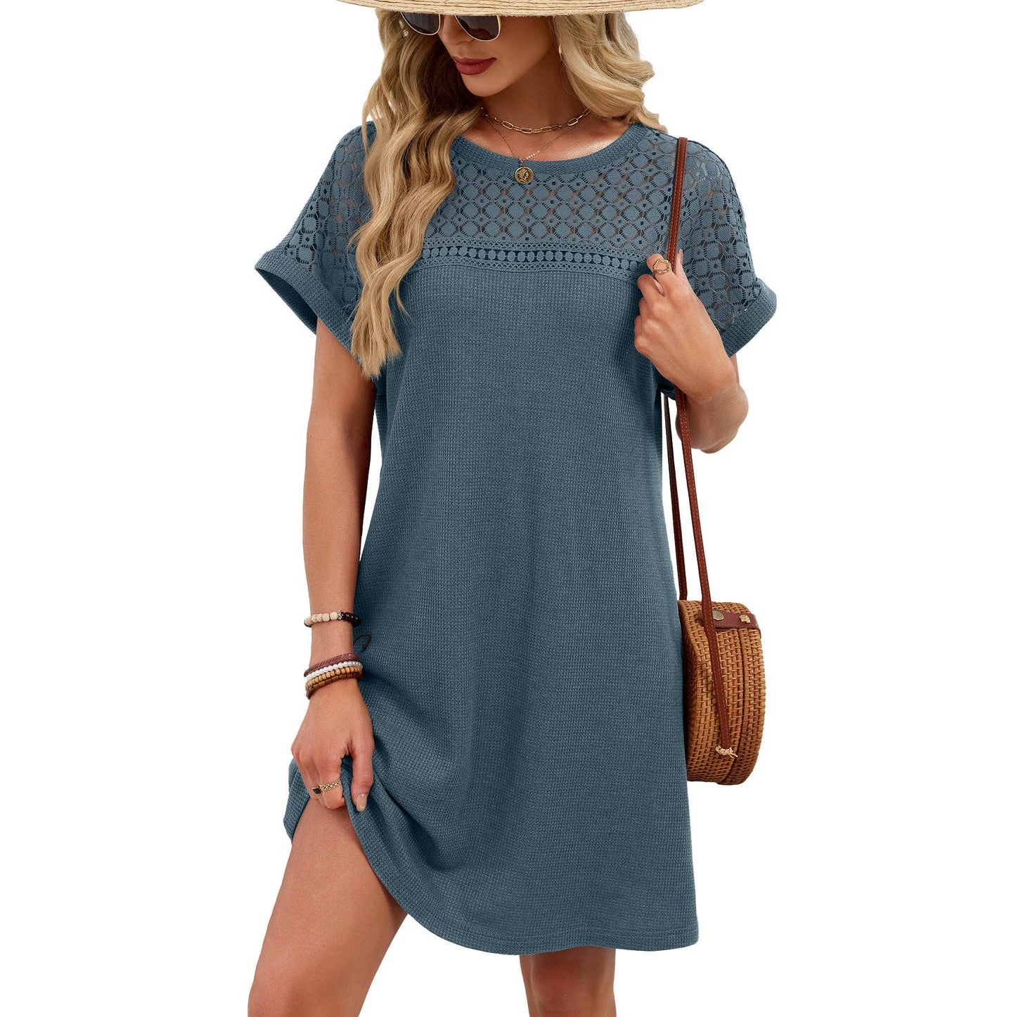 Lace Patchwork Casual Short Sleeve Loose Summer Dress: Black / 65%Rayon 30%Polyester 5%Spandex / XXL