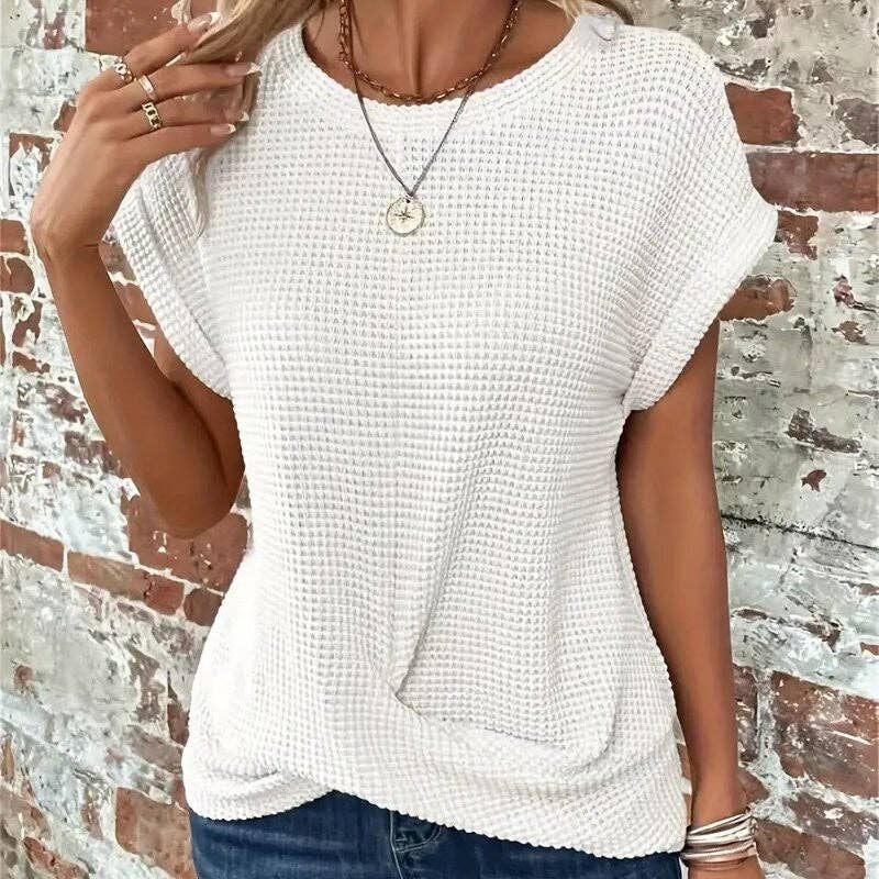 Solid Color Round Neck Twist Short Sleeve T-Shirt: BLACK / L