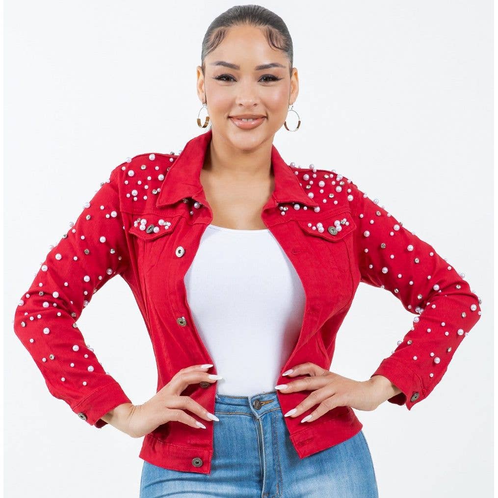 Radiant Pearls & Rhinestone Deco Red Jean Jacket