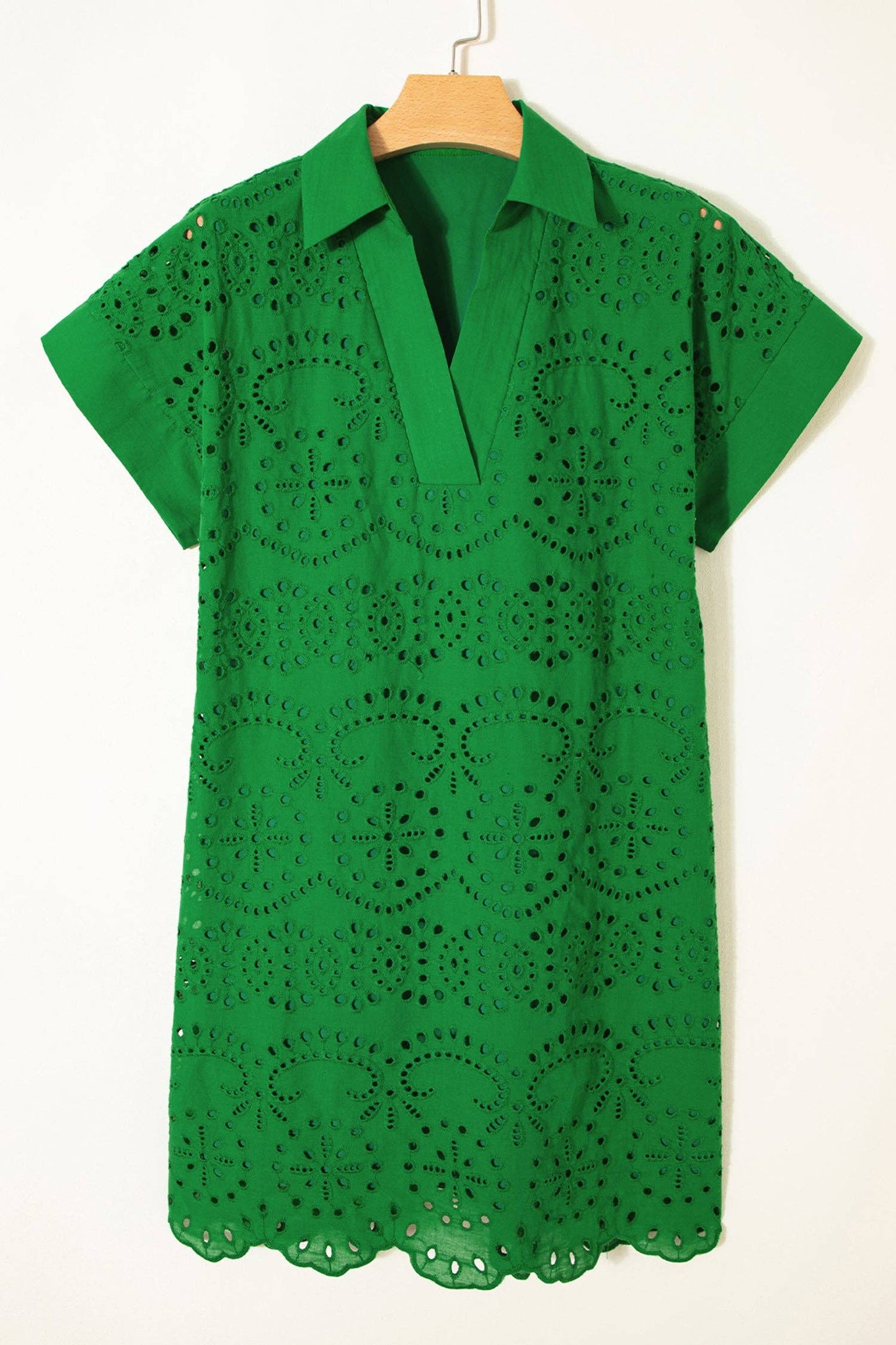 Green Solid Color Eyelet Embroidered T Shirt Mini Dress: Green / 100%Cotton / XL