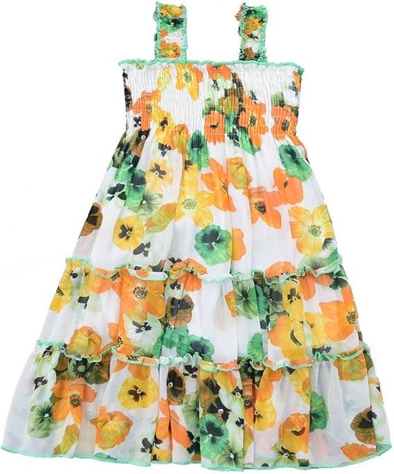 Girls Floral Print Chiffon Shoulder Strap Ruffled Midi-Dress: 3783-15-38 / 6