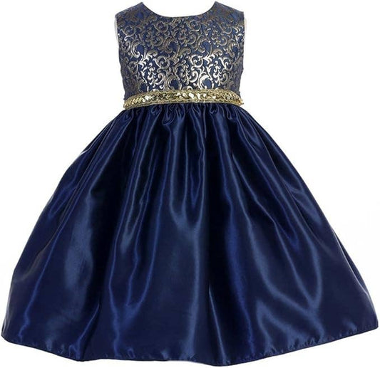 Girls Glitter Scroll Brocade Satin Holiday Party Dress:
