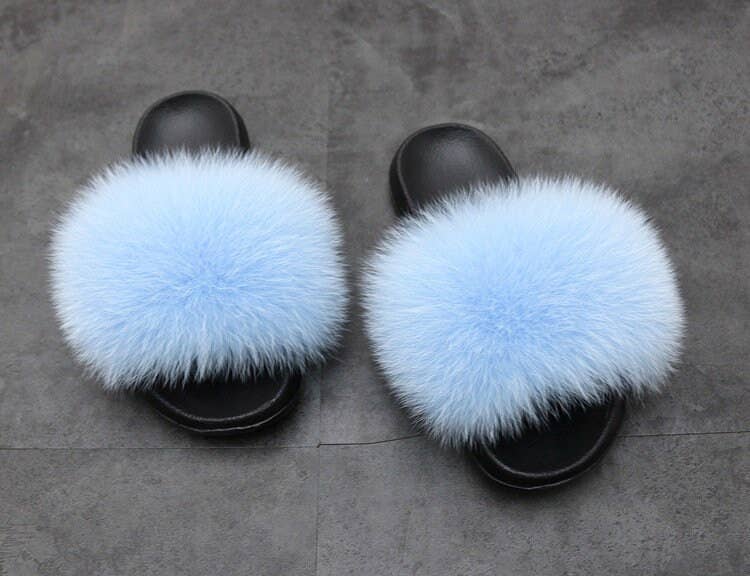 Real Fox Fur Slides Women Puffy Candy Color Fur Slippers
