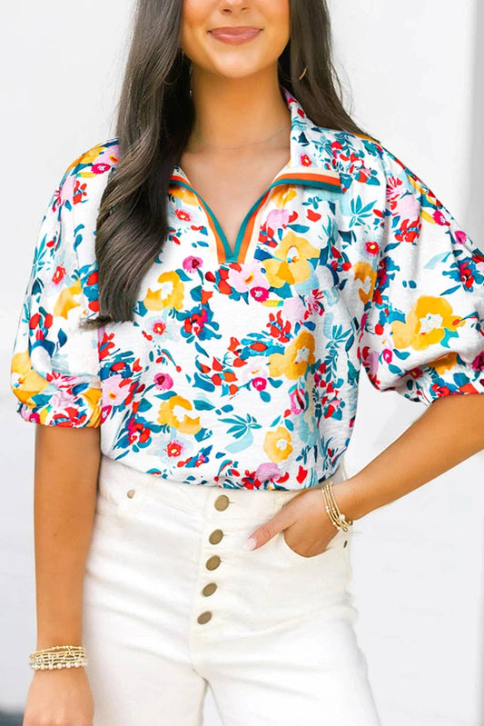 Floral Print Slit V Neck Short Sleeve Blouse / 81%Viscose+19%Polyamide