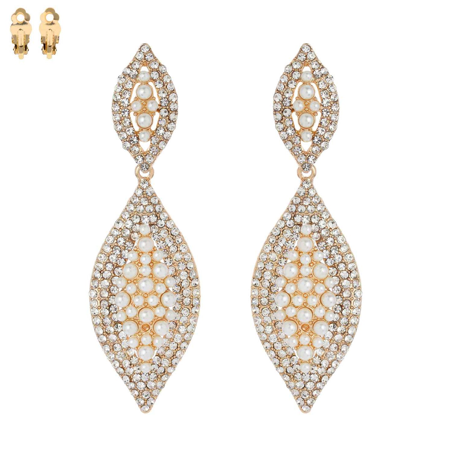 Leaf Shaped Rhinestone & Pearl CLIP ON Earrings