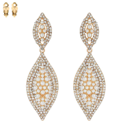 Leaf Shaped Rhinestone & Pearl CLIP ON Earrings