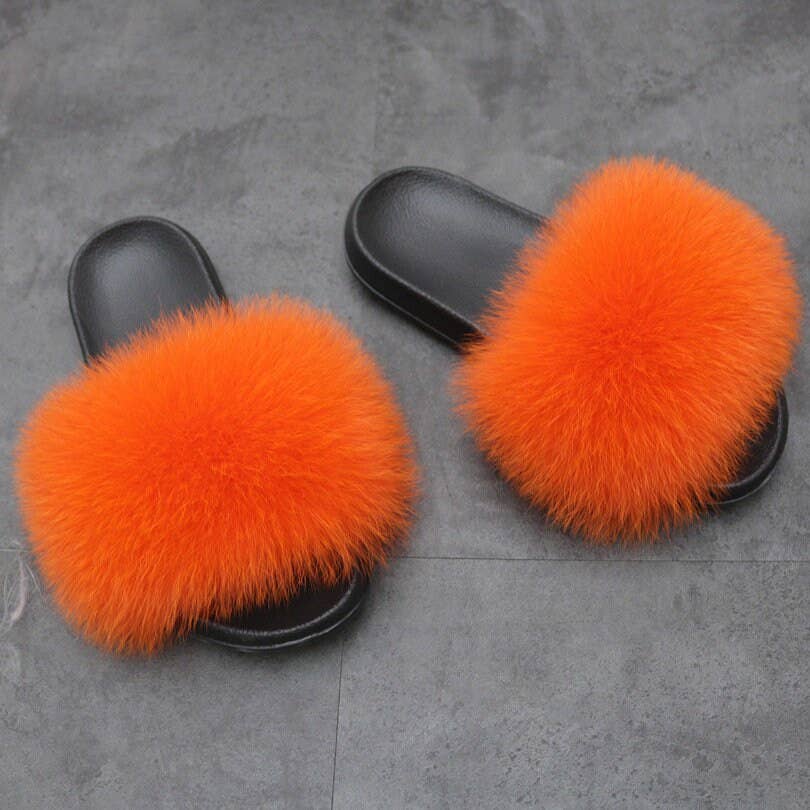 Real Fox Fur Slides Women Puffy Candy Color Fur Slippers