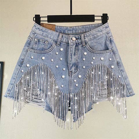 Rhinestone Fringe Denim Shorts High Waist Festival