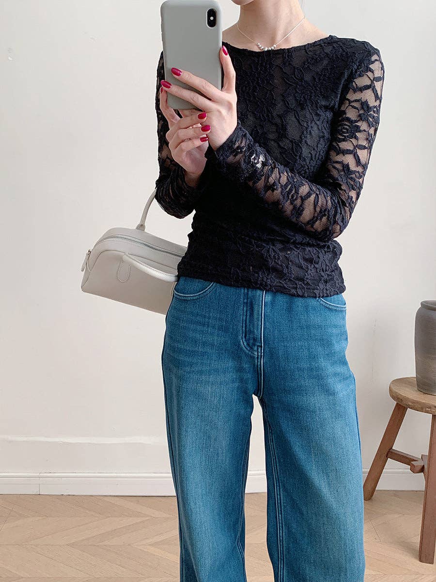 Women’s Sheer Floral Lace Long Sleeve Blouse – Fitted Scoop Neck Top