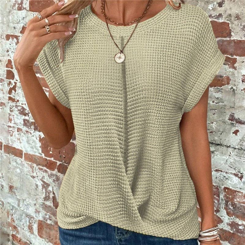 Solid Color Round Neck Twist Short Sleeve T-Shirt: BLACK / L