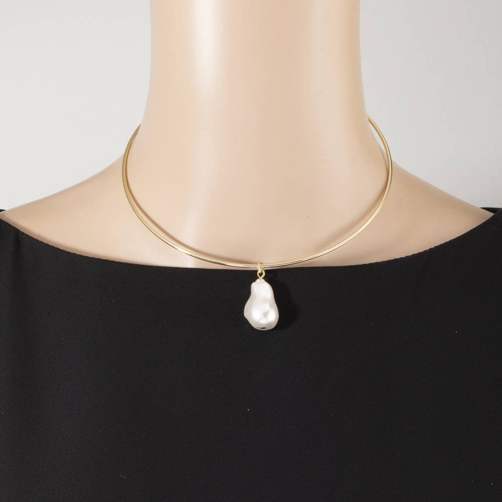 Baroque Pearl Drop Omega Wire Rigid Collar Necklace