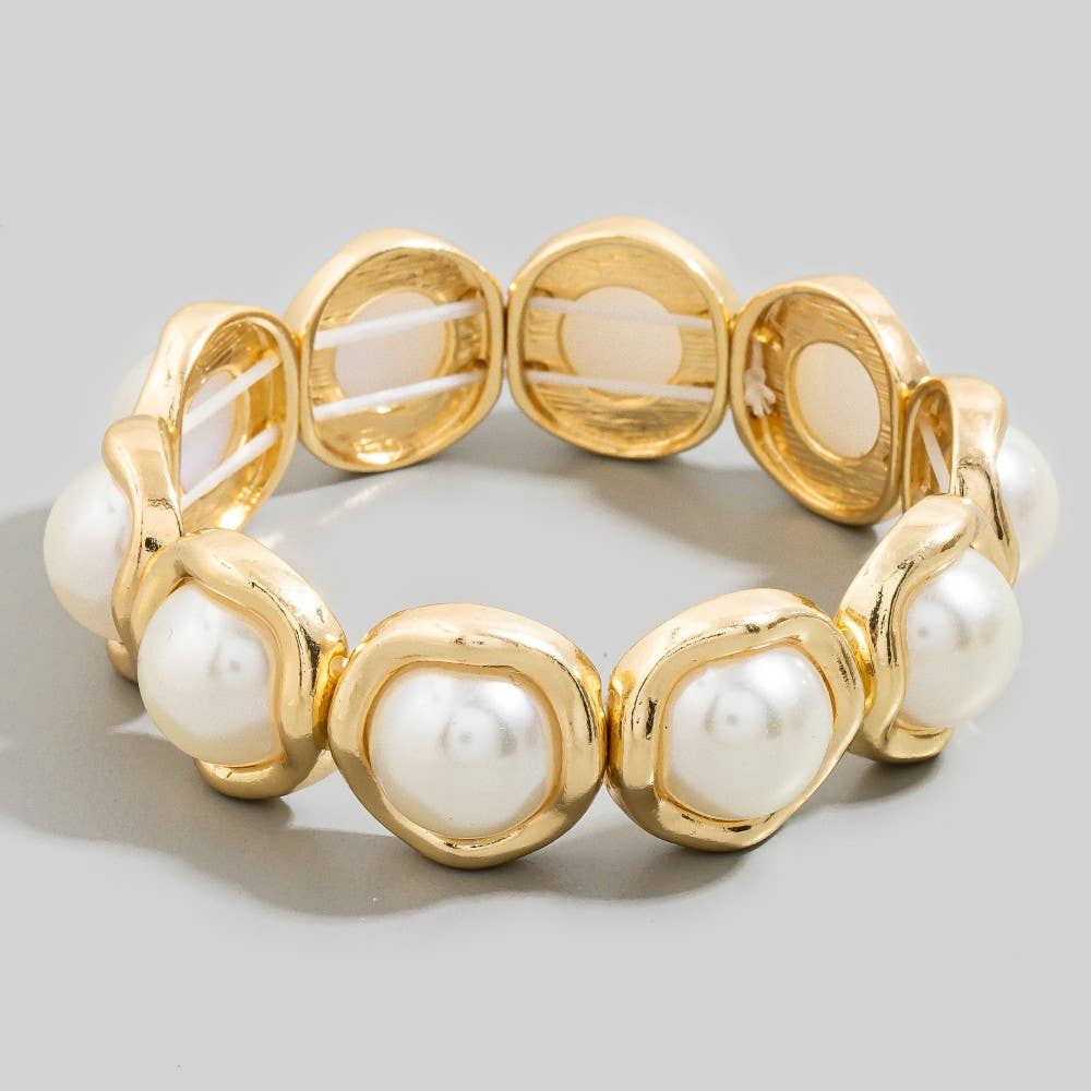 Gold Round Pearl Cabochon Stretch Bracelet