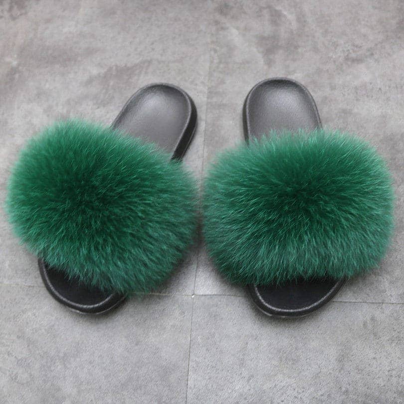 Real Fox Fur Slides Women Puffy Candy Color Fur Slippers