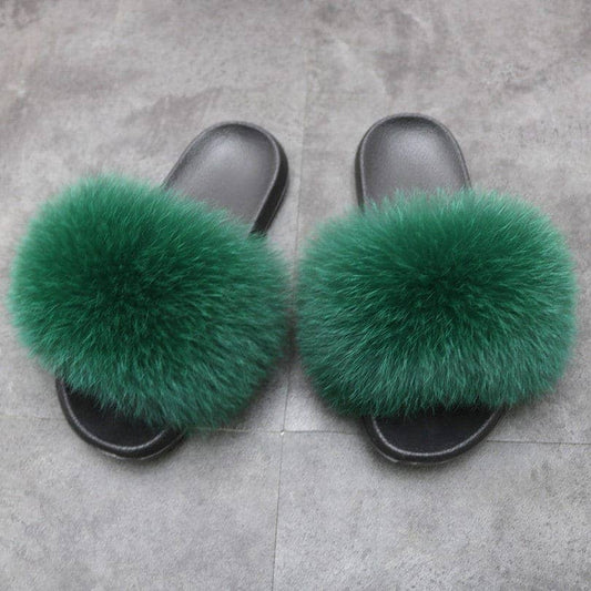 Real Fox Fur Slides Women Puffy Candy Color Fur Slippers