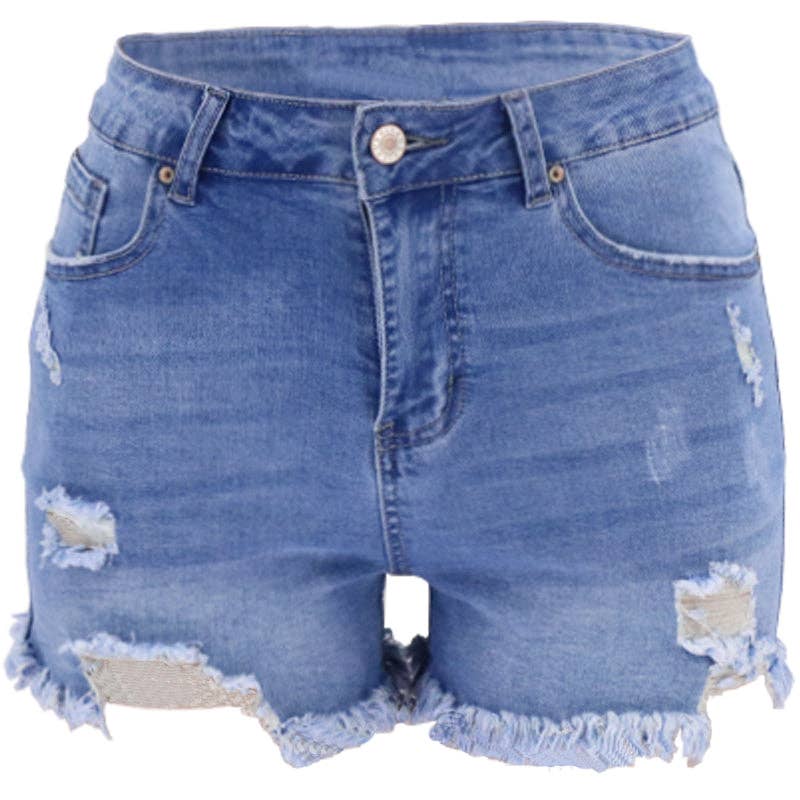 High-Waisted Ripped Stretch Denim Shorts for Summer: Dark Blue / 73%Cotton/14%Rayon/11% Polyester/2%spandex / XXL