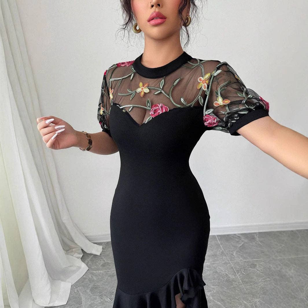 Embroidered Mesh Asymmetrical Hem Slim Dress: BLACK / XXL