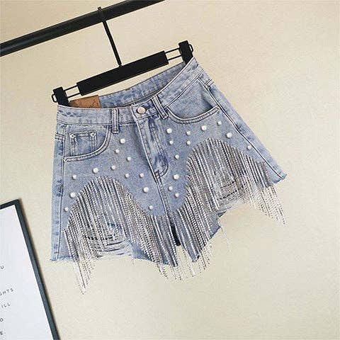 Rhinestone Fringe Denim Shorts High Waist Festival
