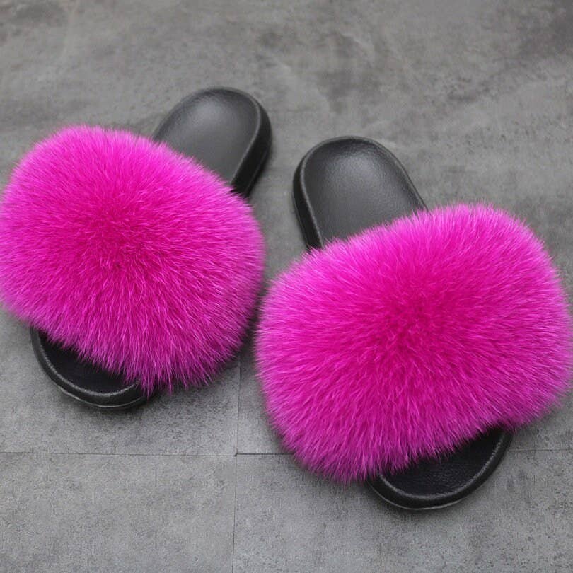 Real Fox Fur Slides Women Puffy Candy Color Fur Slippers