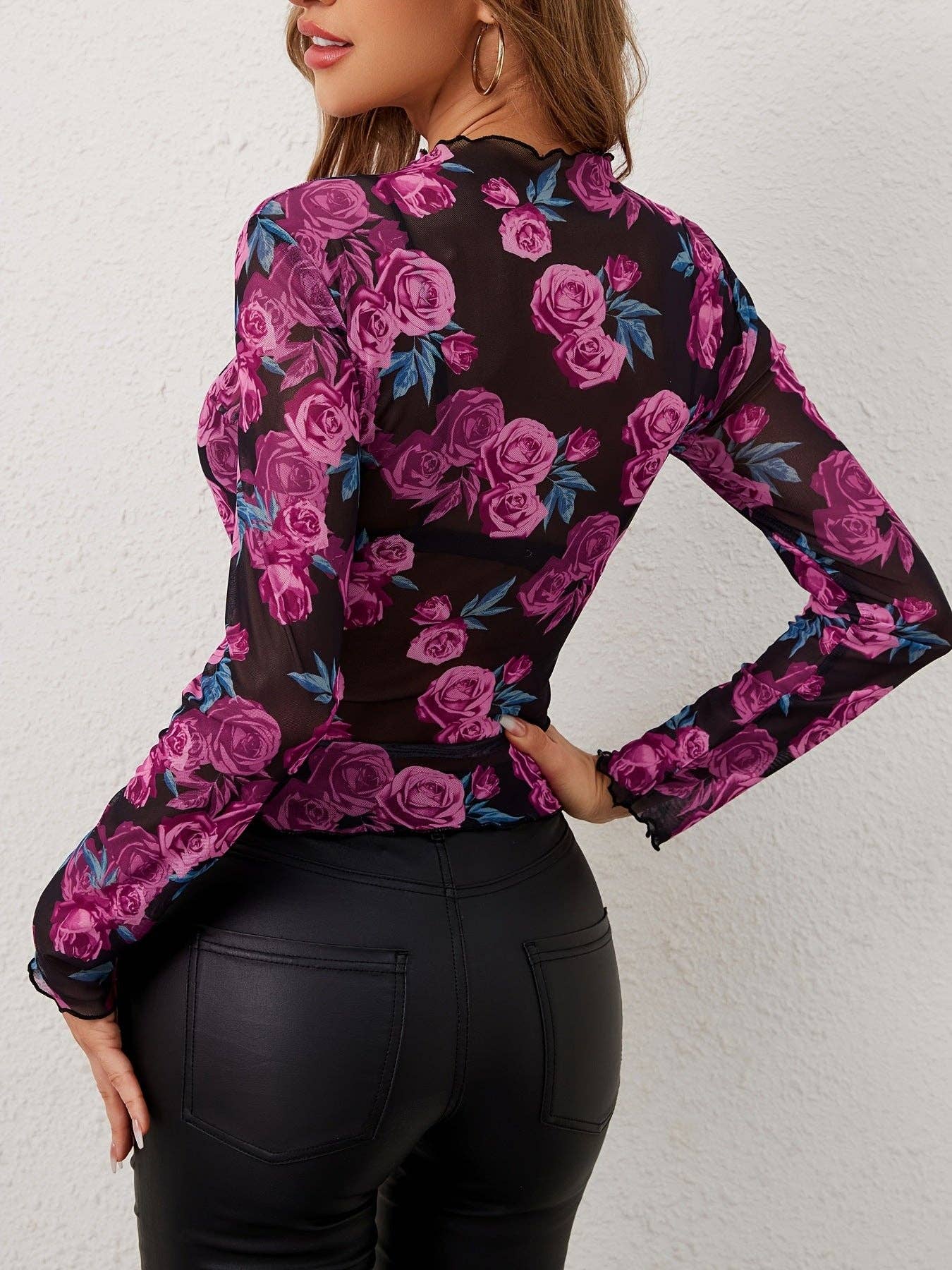Elegant Floral Printed Sheer Blouse with Ruffle Collar