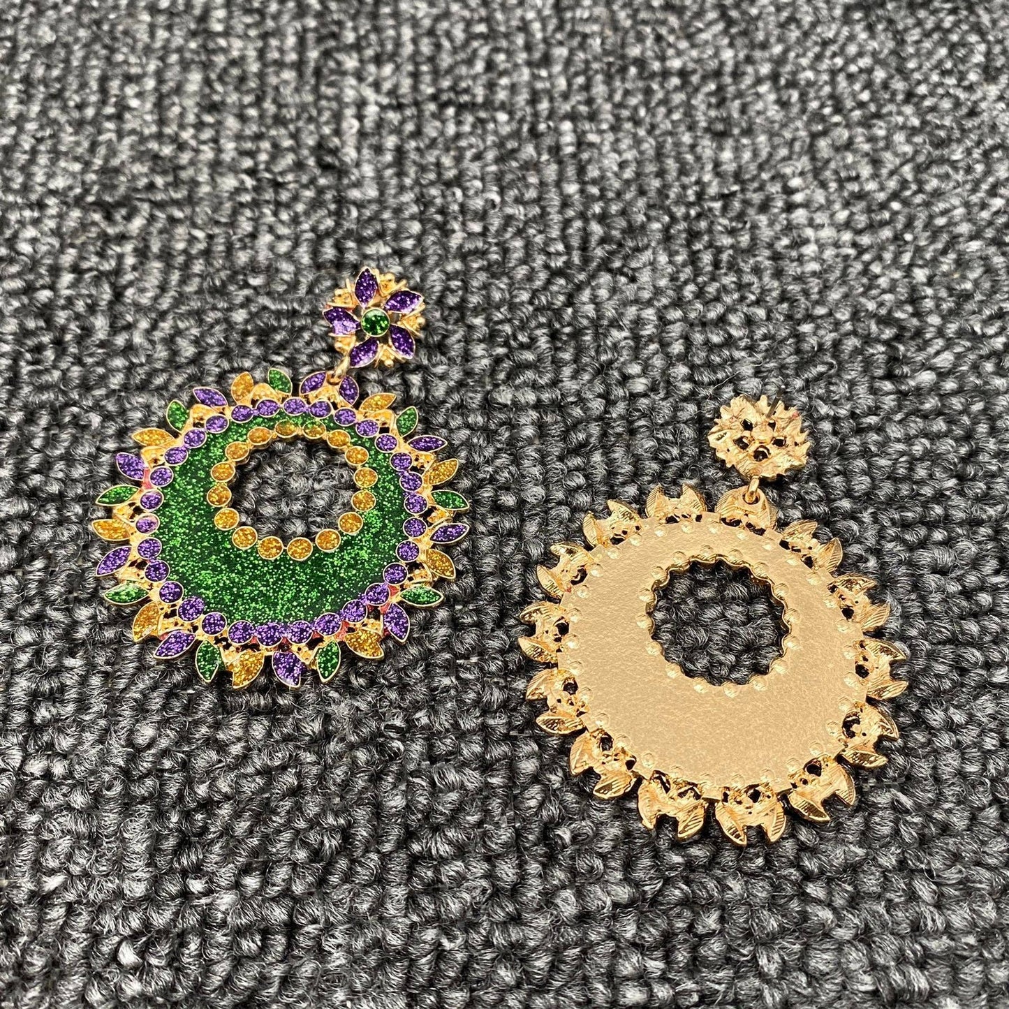Purple Rhinestone Green Enamel Hollow Flower Post Earrings