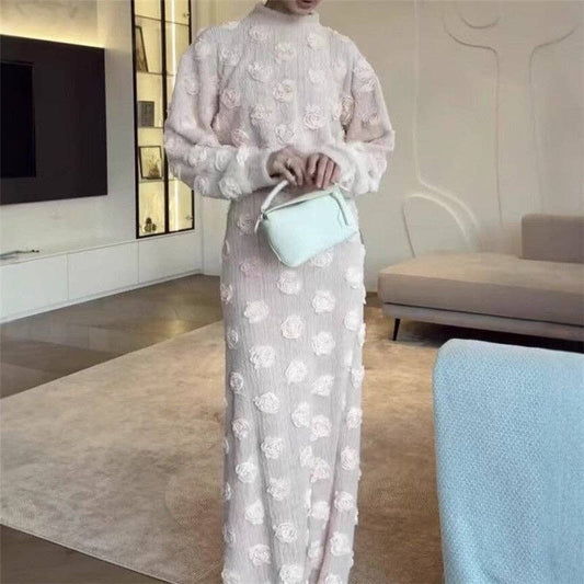 Floral Lantern Sleeve Top Skirt Set: Apricot