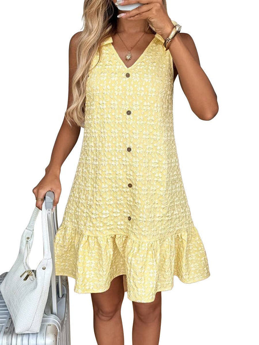 Women’s Floral Jacquard V-Neck Button Ruffle Dress