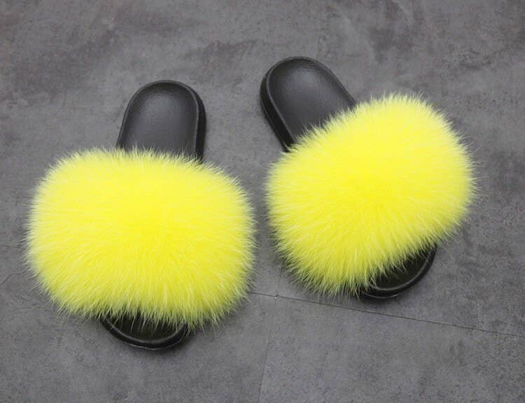 Real Fox Fur Slides Women Puffy Candy Color Fur Slippers