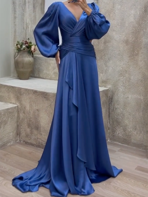 Look-Thin Pleated Solid Color V-Cut Long Sleeves Maxi Dresses