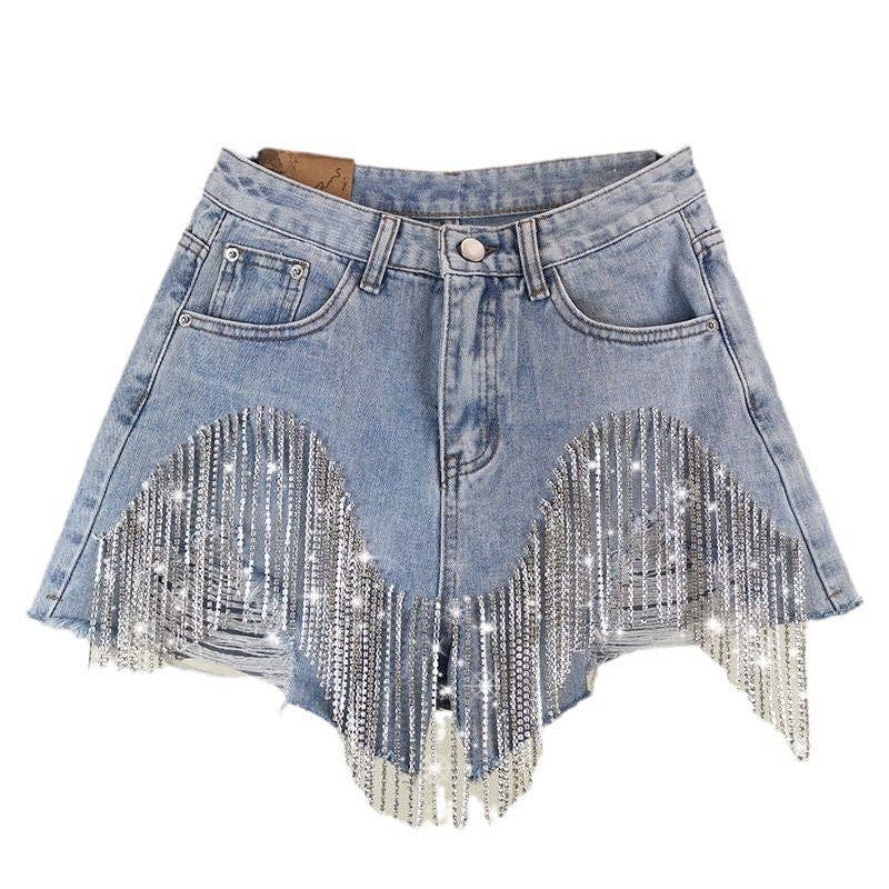 Rhinestone Fringe Denim Shorts High Waist Festival