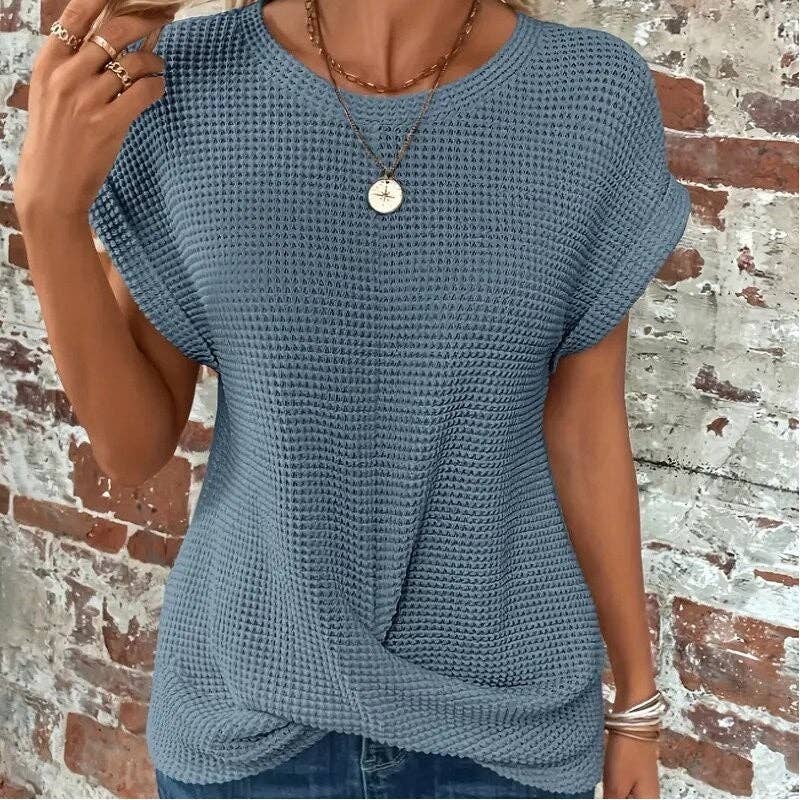 Solid Color Round Neck Twist Short Sleeve T-Shirt: BLACK / L