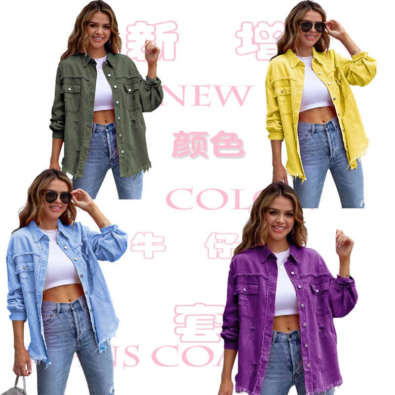 Trendy Casual Mid-Length Distressed Denim Jacket for Women